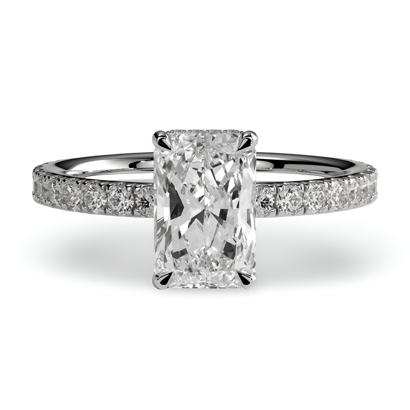 4.0ct Radiant Cut Ring – Hidden Halo & Pavé Band | Sterling Silver to 9–14k Yellow Gold