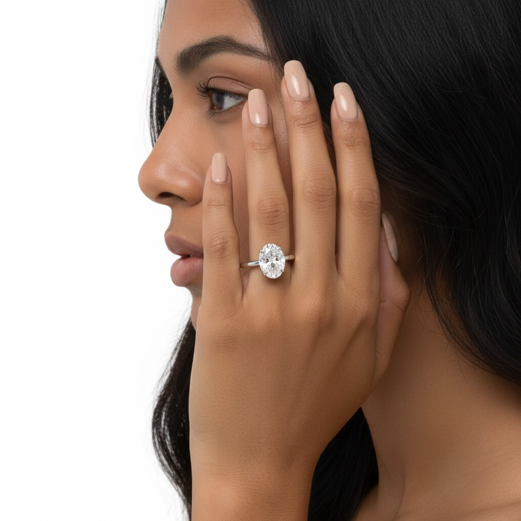 2.0ct Oval-Cut Hidden Halo Solitaire Ring
Four-Claw Setting · Sterling Silver to Solid White Gold