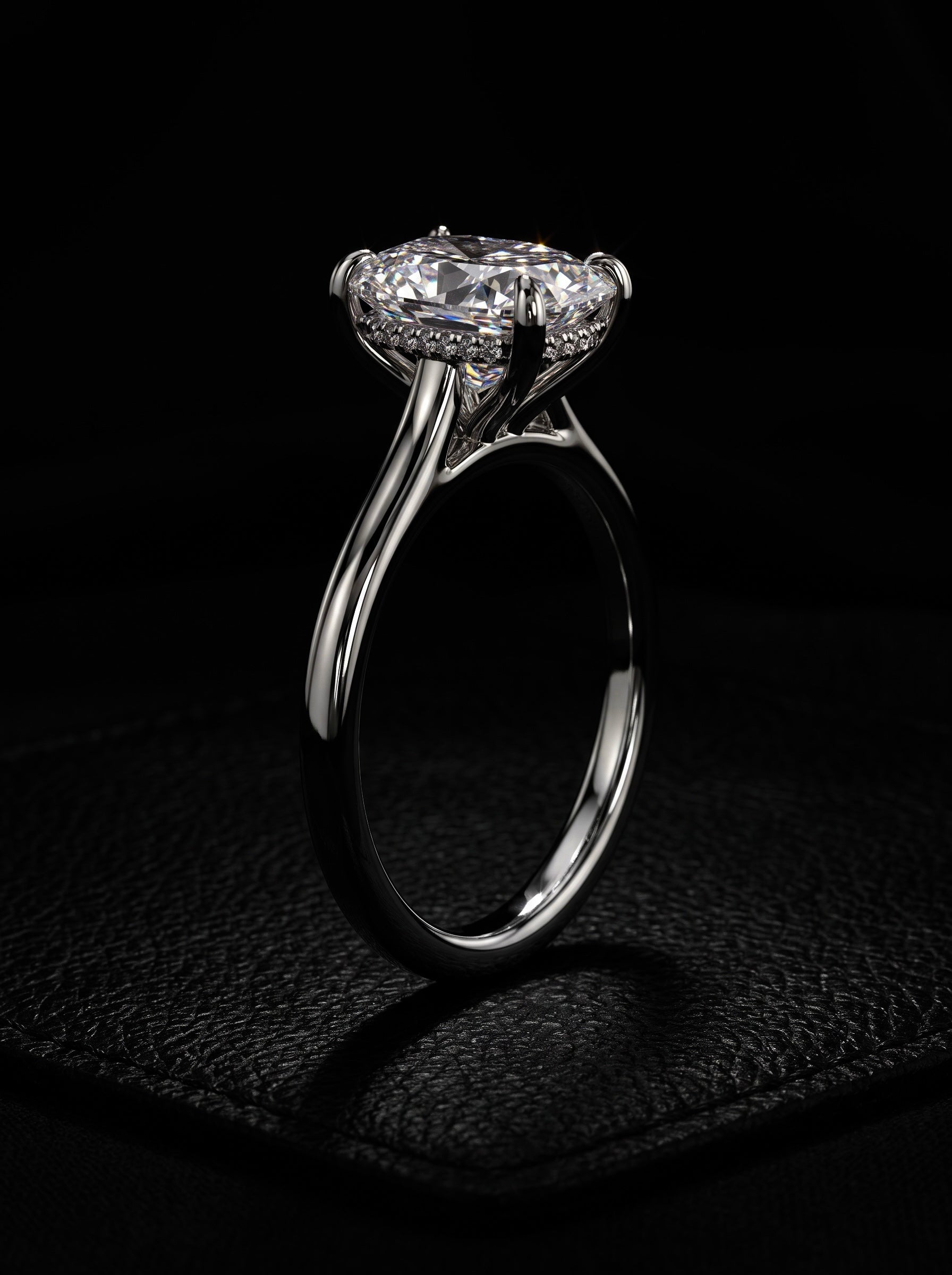3.0ct Elongated Cushion Moissanite Solitaire | Hidden Halo & Cathedral Setting