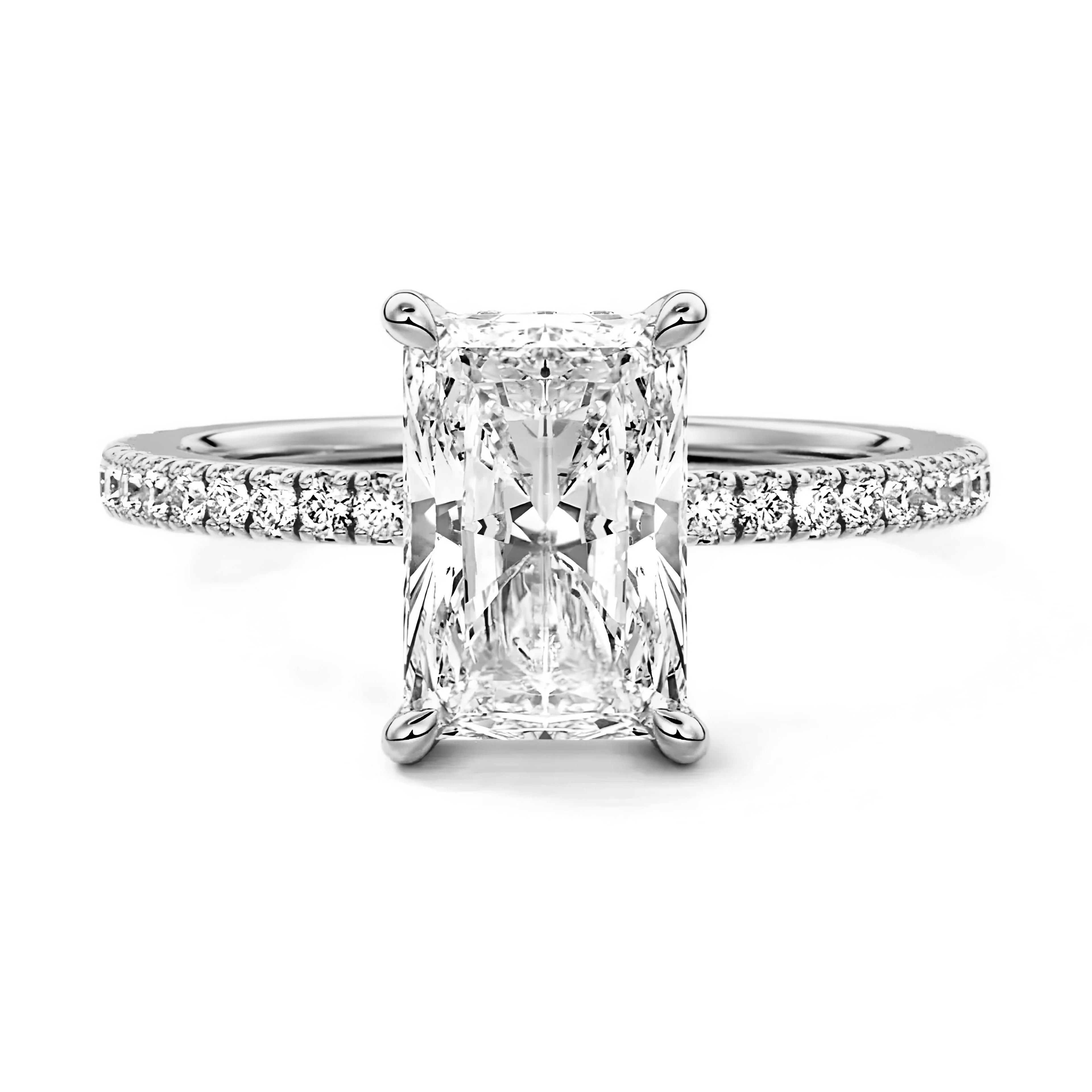 MG AURORA™ 5.0ct Radiant Cut Ring with Hidden Halo & Pavé – Sterling Silver / 9ct / 14ct White Gold