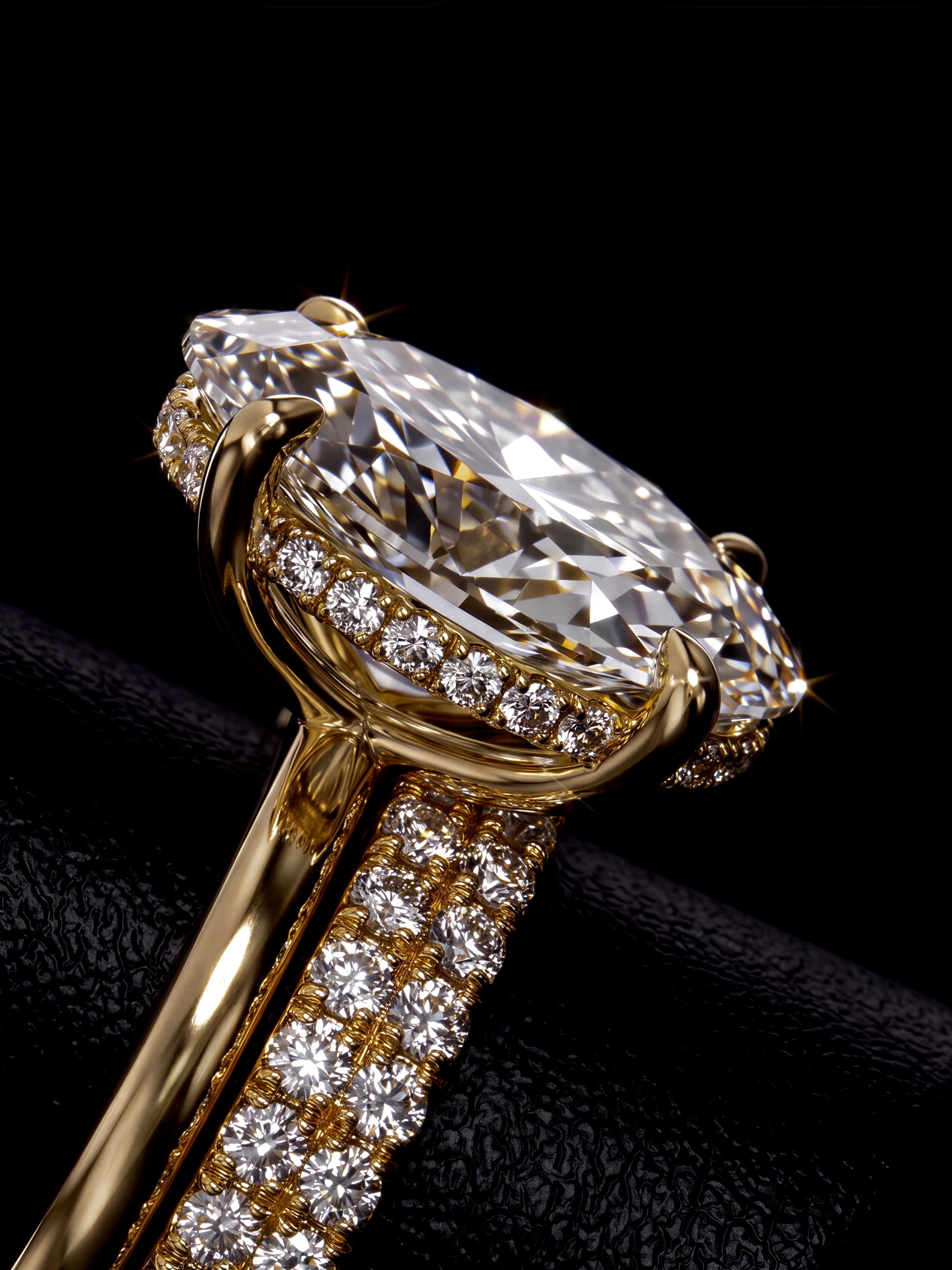 5.0CT Oval-Cut Moissanite · Hidden Halo Solitaire · Double-Row Pavé Band · Yellow Gold