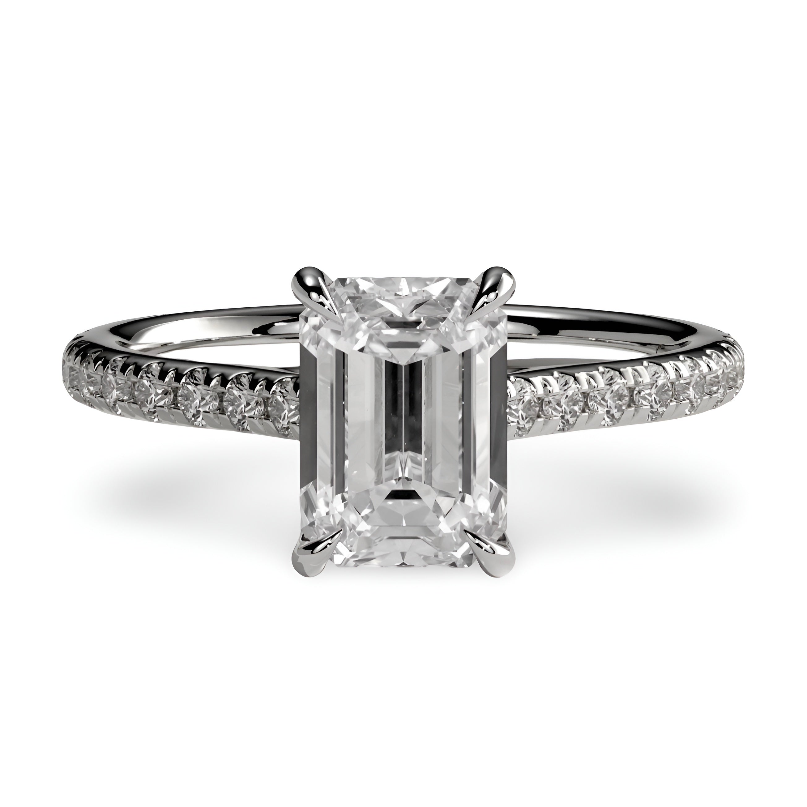 3CT Emerald Cut Hidden Halo Pavé Engagement Ring | Sterling Silver, 9K & 14K Solid White Gold