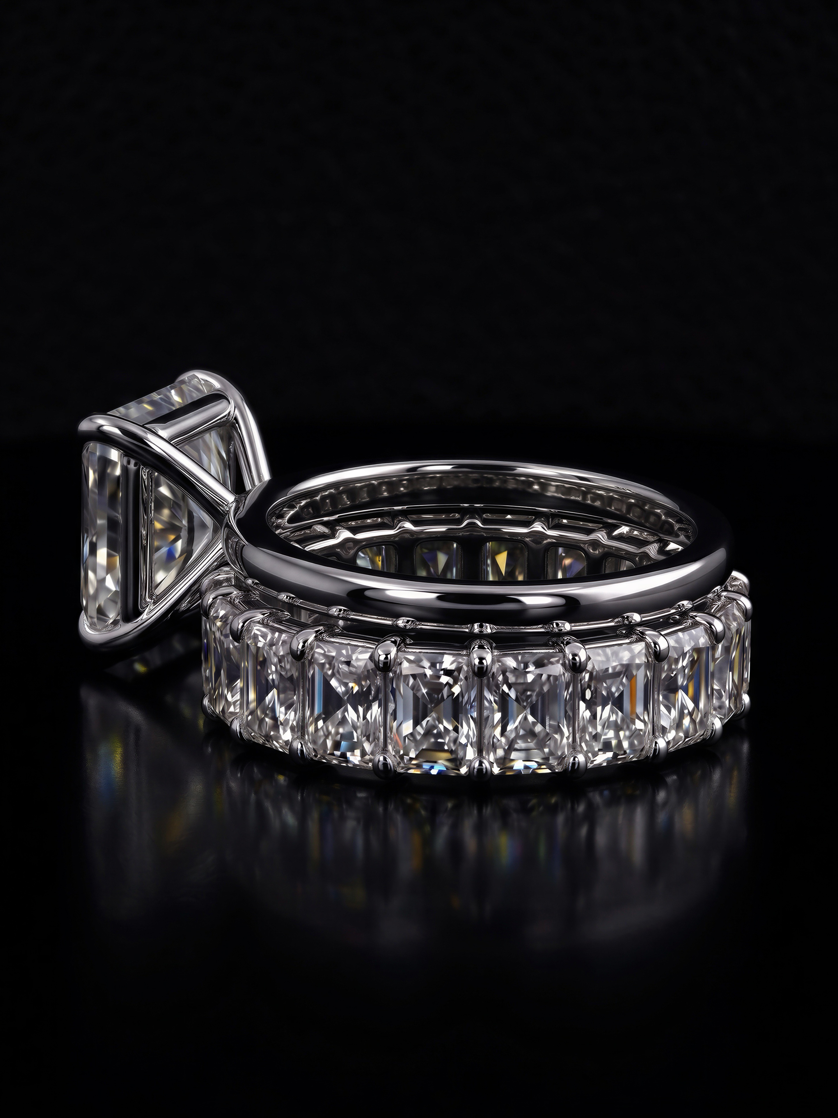 3.0CT Radiant-Cut Moissanite · Hidden Halo Solitaire · Full Radiant-Cut Eternity Band · Sterling Silver / White Gold