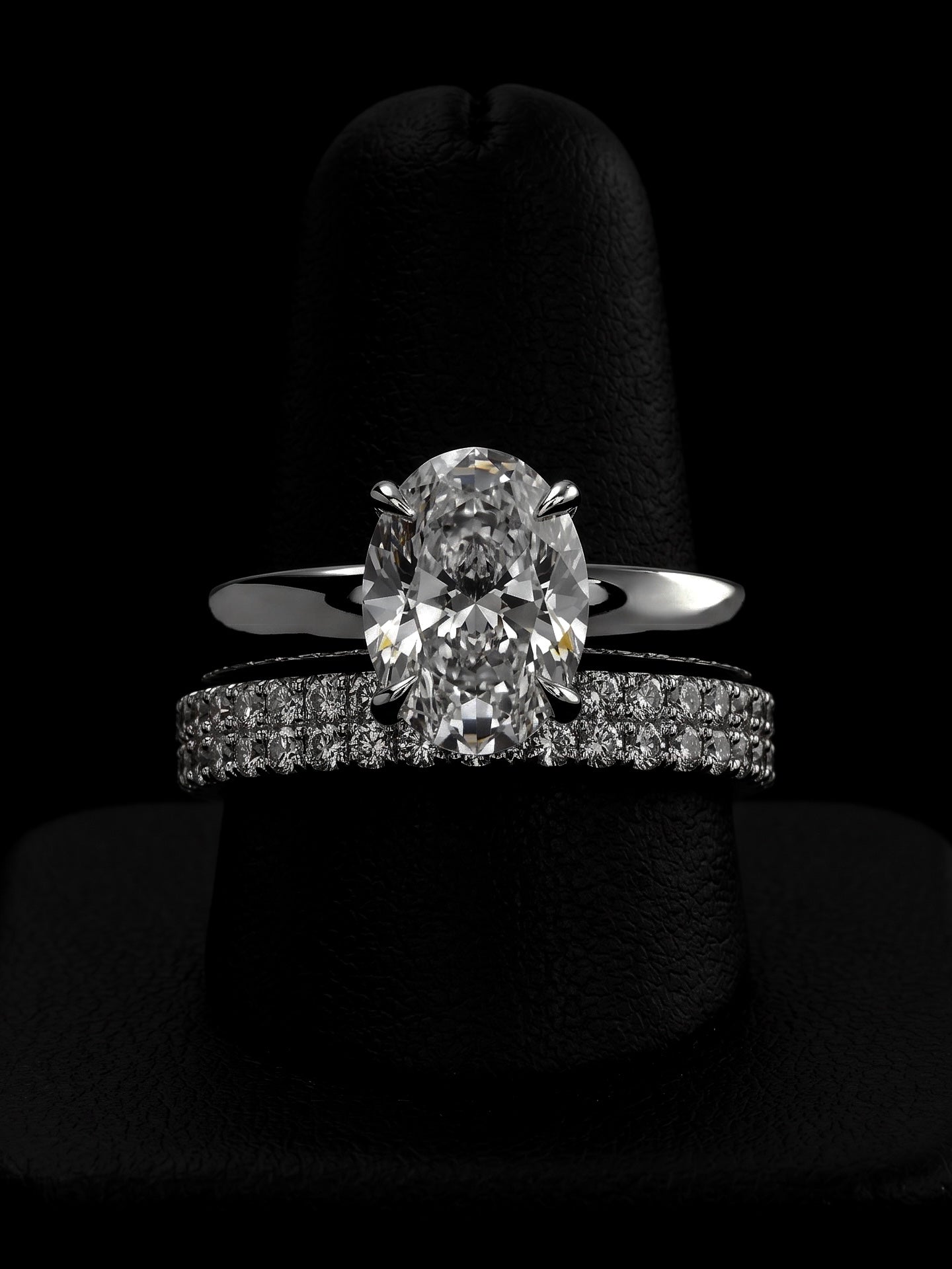 3.0CT Oval-Cut Moissanite · Hidden Halo Solitaire · 3.5mm Band · Double-Row Pavé Band · Sterling Silver / White Gold