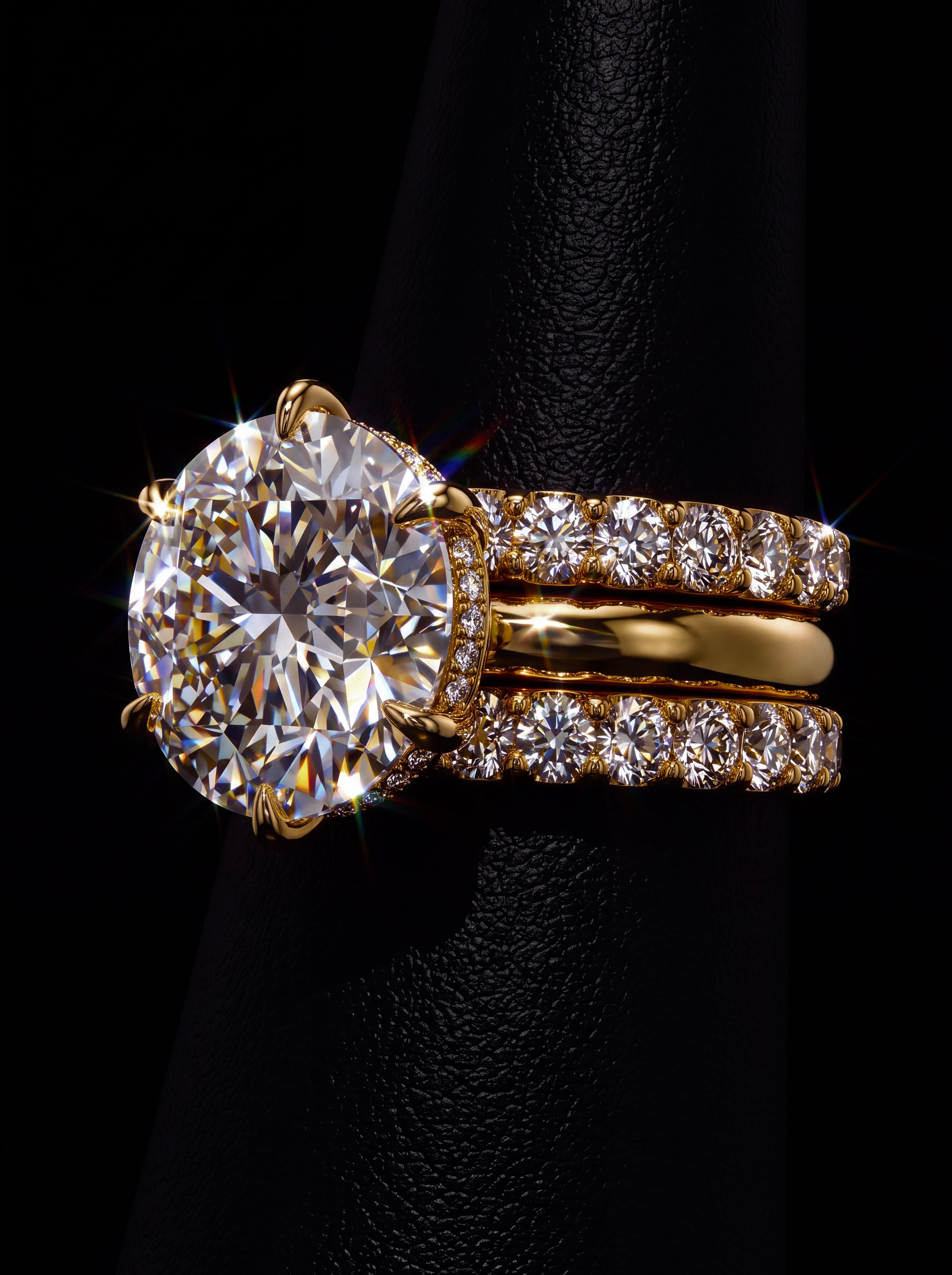 10.0CT Round Brilliant-Cut Moissanite · Hidden Halo Solitaire · Double Pavé Bridal Stack · Yellow Gold