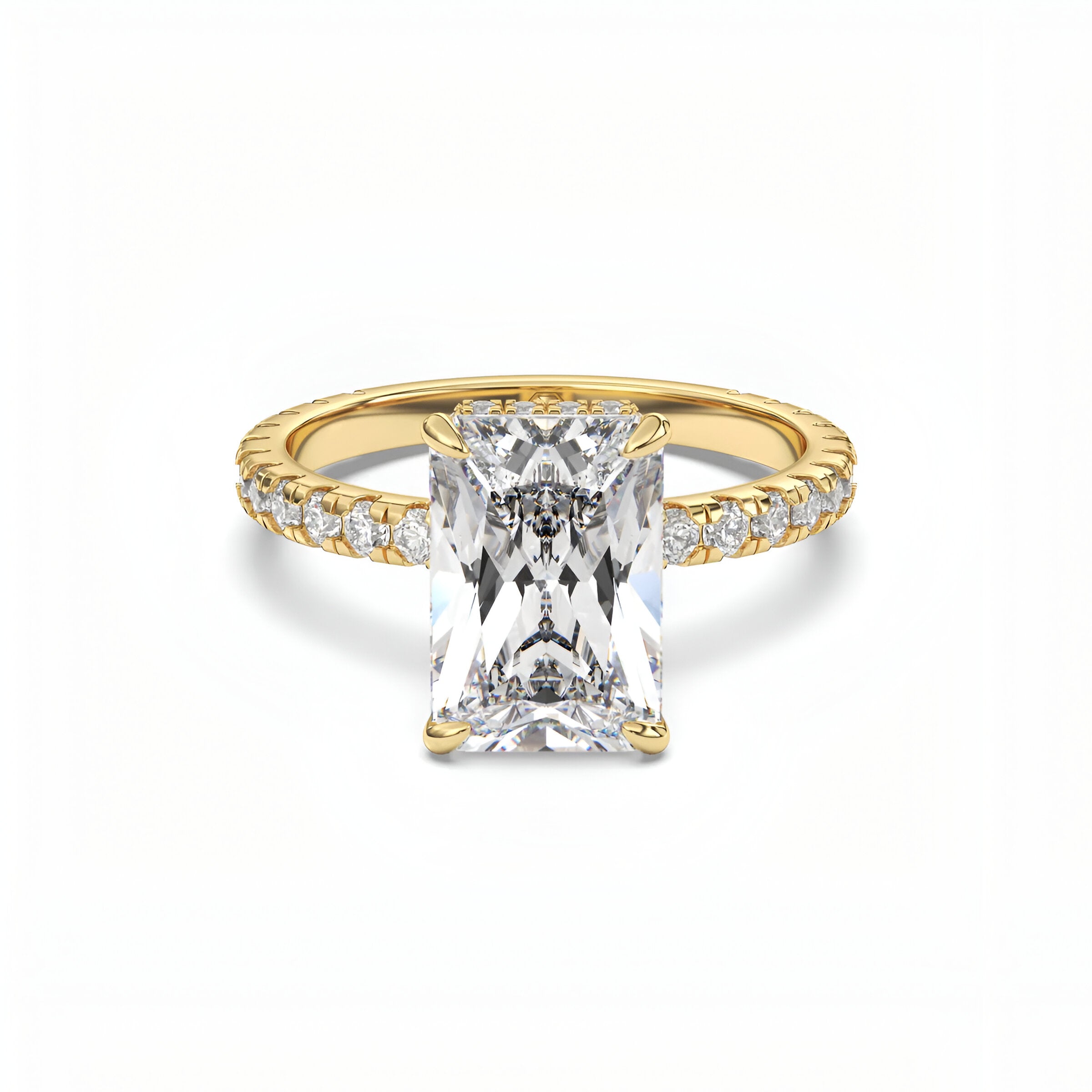 The MG Solara™️ 5.0ct Radiant Cut Pavé with Elevated Hidden Halo (9K+14K Yellow Gold)