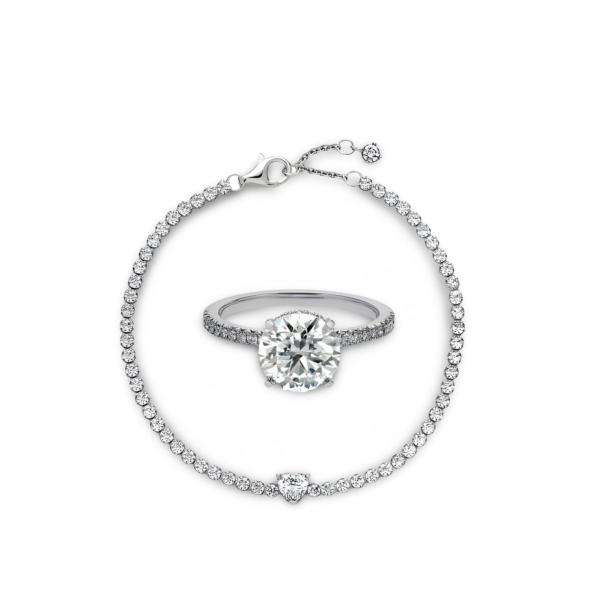 2.0 CT ROUND BRILLIANT CUT RING W/ SILVER HEARTED TENNIS NECKLACE - MG ESSENCE