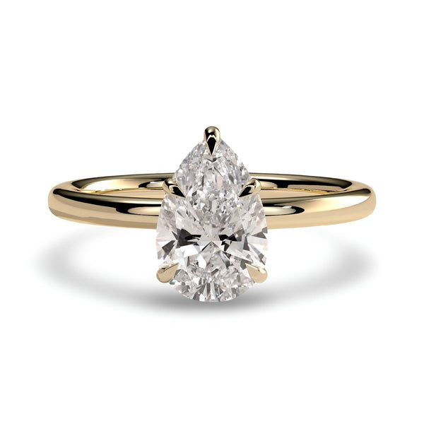 2.0ct Pear Cut Solitaire Ring with Hidden Halo – 5-Claw Setting | 9–18k Yellow Gold