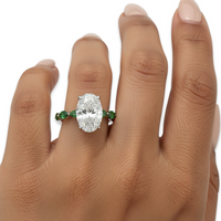 4.0ct Oval Cut Center Stone Ring with Green Marquise Side Stones & Hidden Halo – Sterling Silver / 9K & 14K White Gold