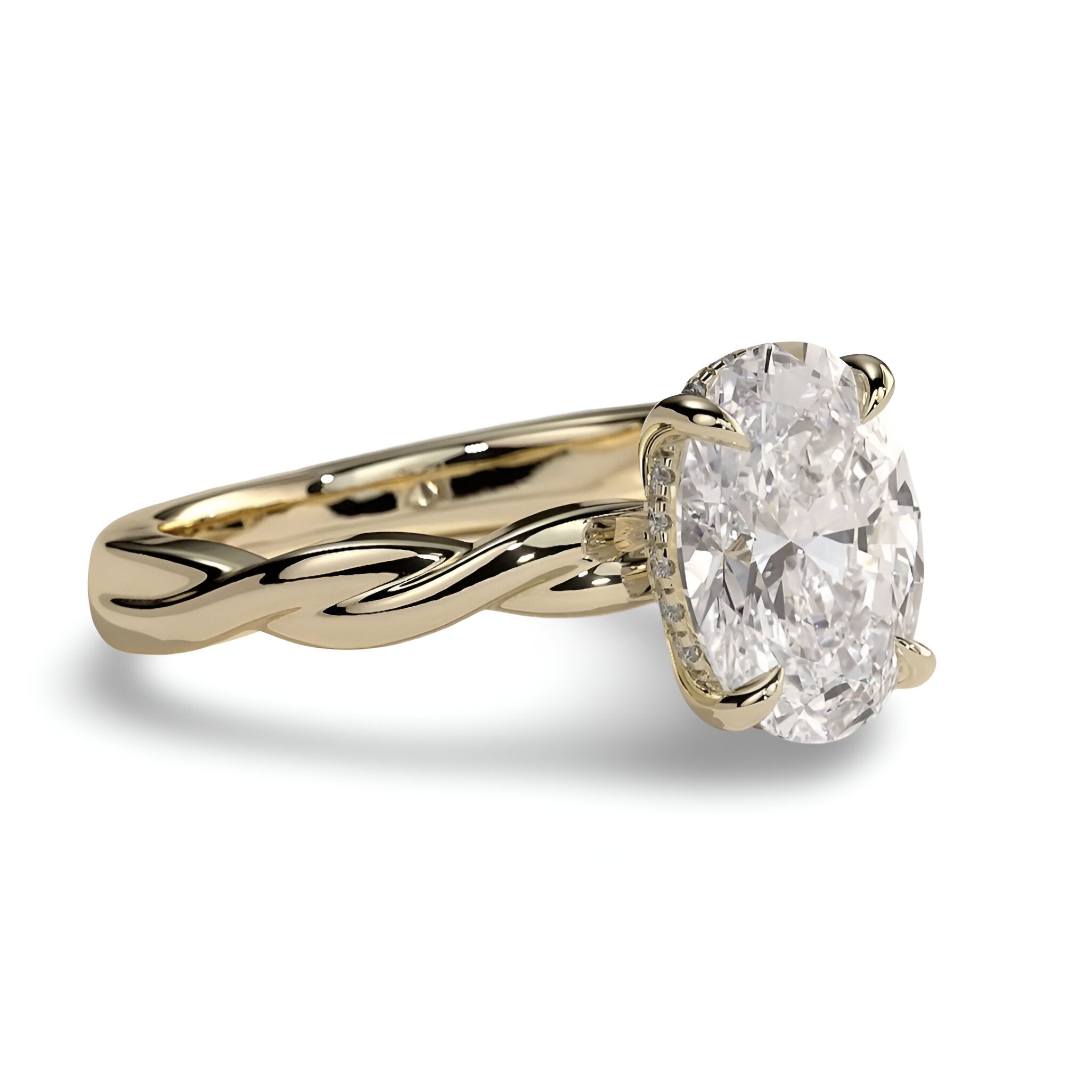 3.0ct Oval Cut Hidden Halo Twisted Shank Solitaire Ring – 9-18K Yellow Gold