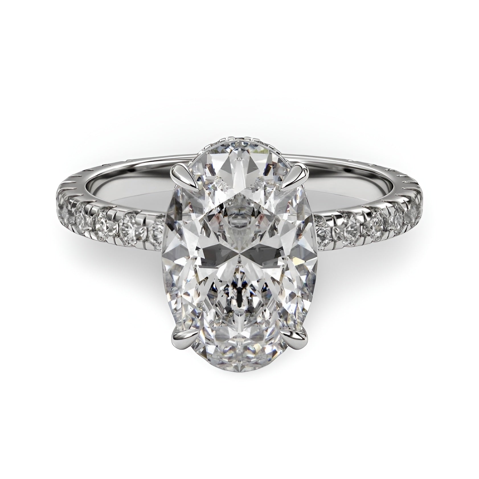 4.0ct Oval Brilliant Hidden Halo Pavé Engagement Ring - Sterling Silver & White Gold