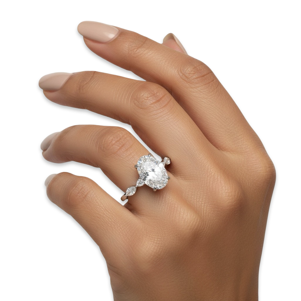 4.0ct Oval Cut Center Stone Ring with Clear Marquise Side Stones & Hidden Halo – Sterling Silver / 9K & 14K White Gold