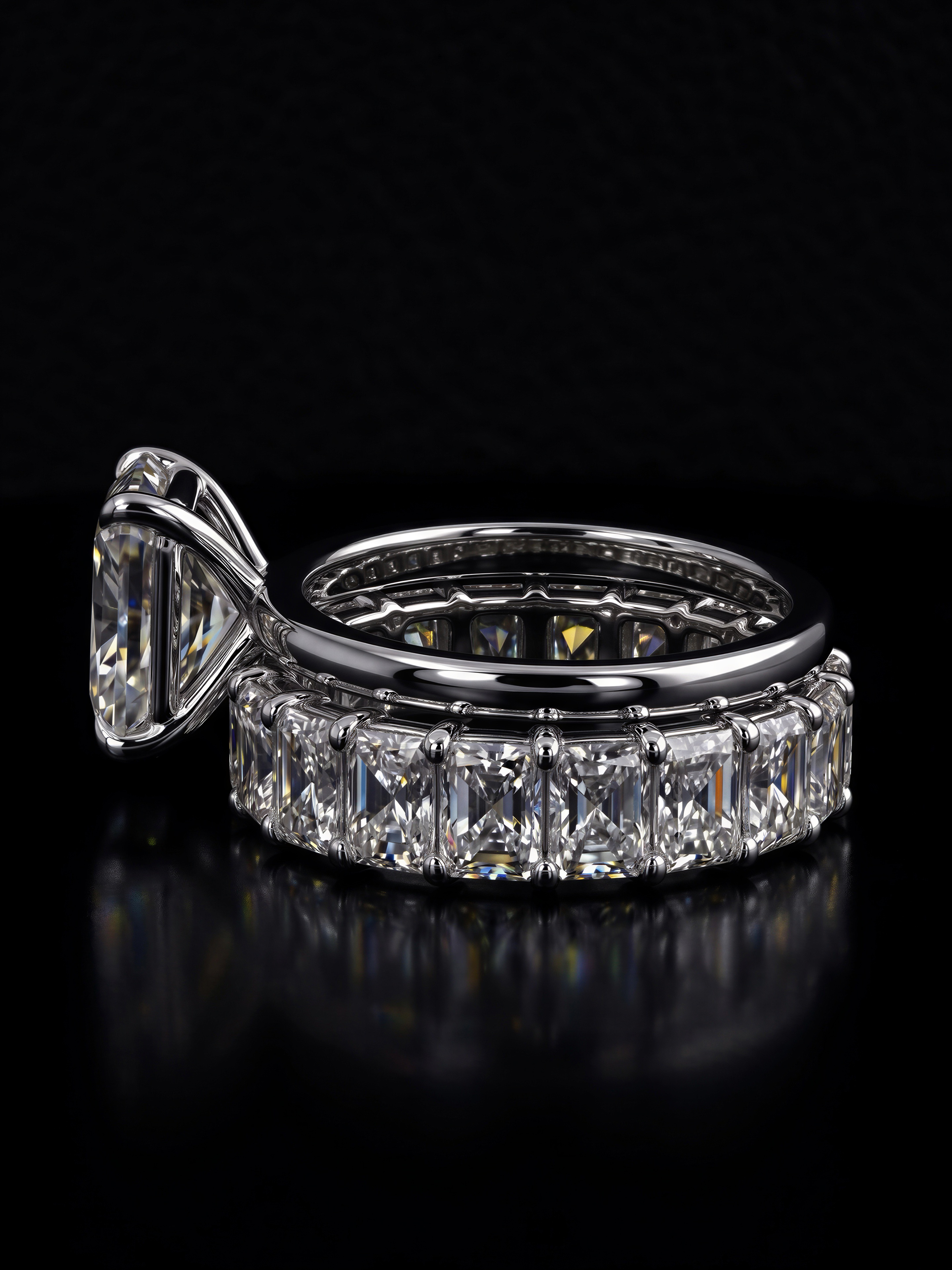 3.0CT Radiant-Cut Moissanite · Hidden Halo Solitaire · Full Radiant-Cut Eternity Band · Sterling Silver / White Gold