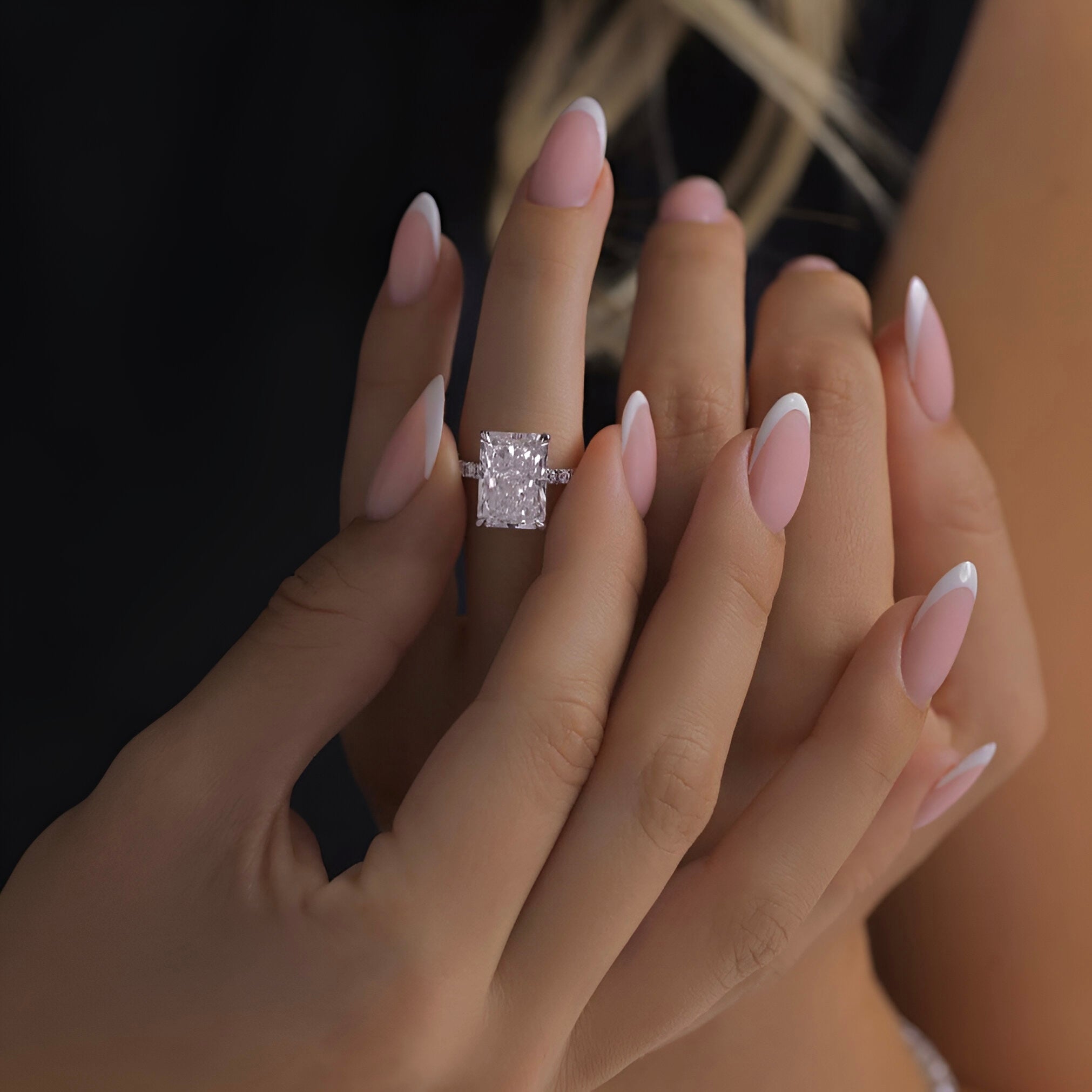 MG AURORA™ 5.0ct Radiant Cut Ring with Hidden Halo & Pavé – Sterling Silver / 9ct / 14ct White Gold