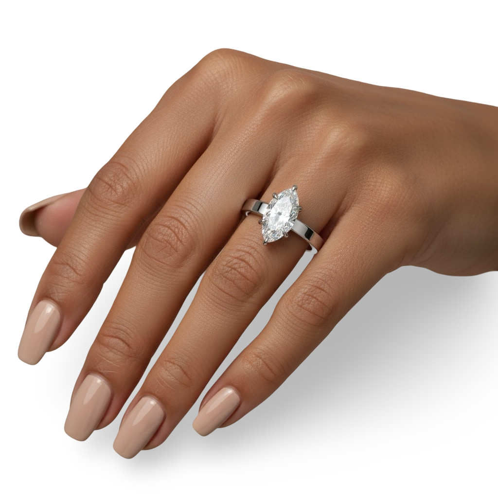 2.0ct Marquise Cut Hidden Halo Solitaire – Sterling Silver & White Gold Edition