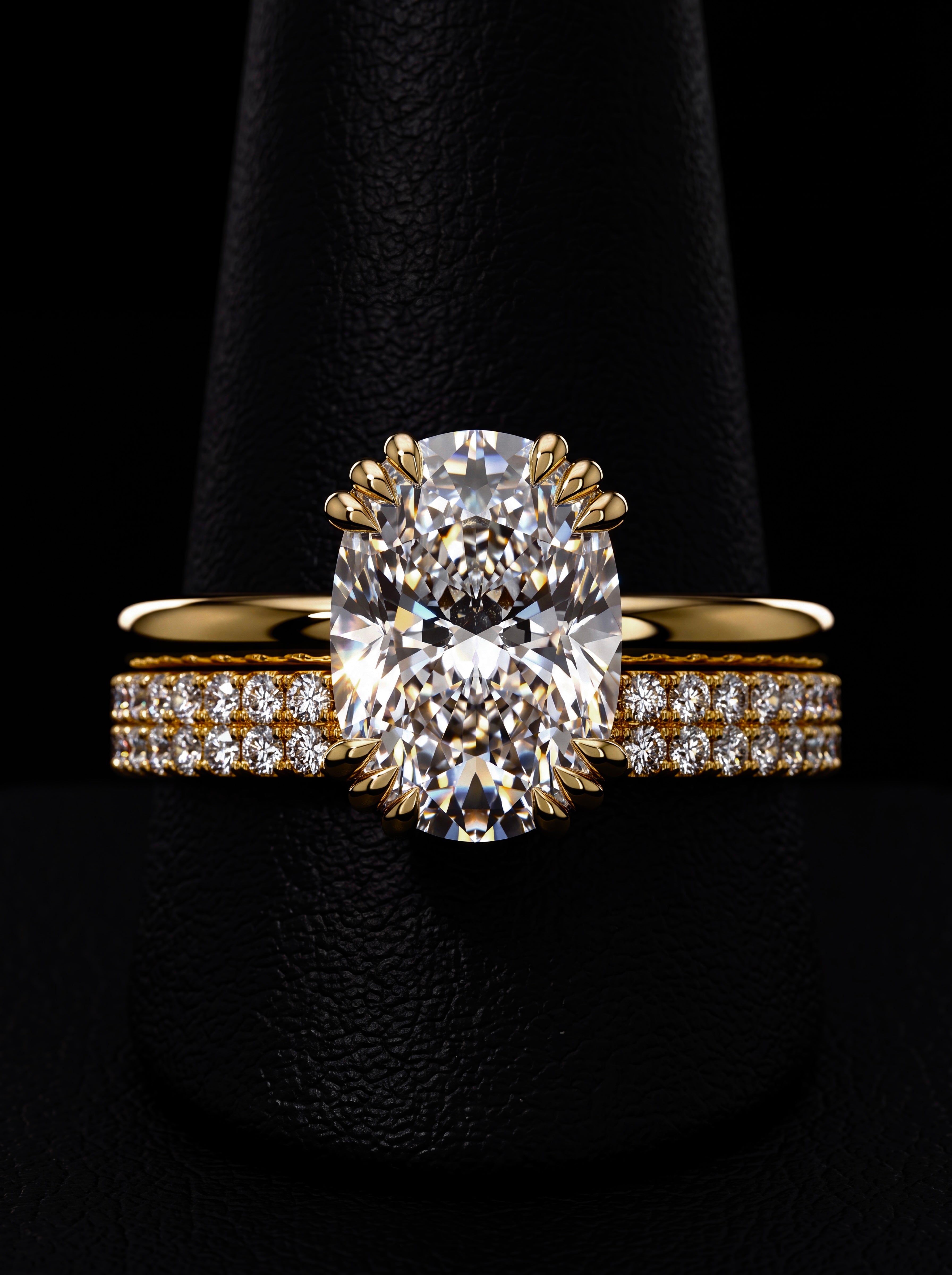 4.0CT Cushion-Cut Moissanite · Hidden Halo Solitaire · Triple-Claw Prongs · Double-Row Pavé Band · Yellow Gold