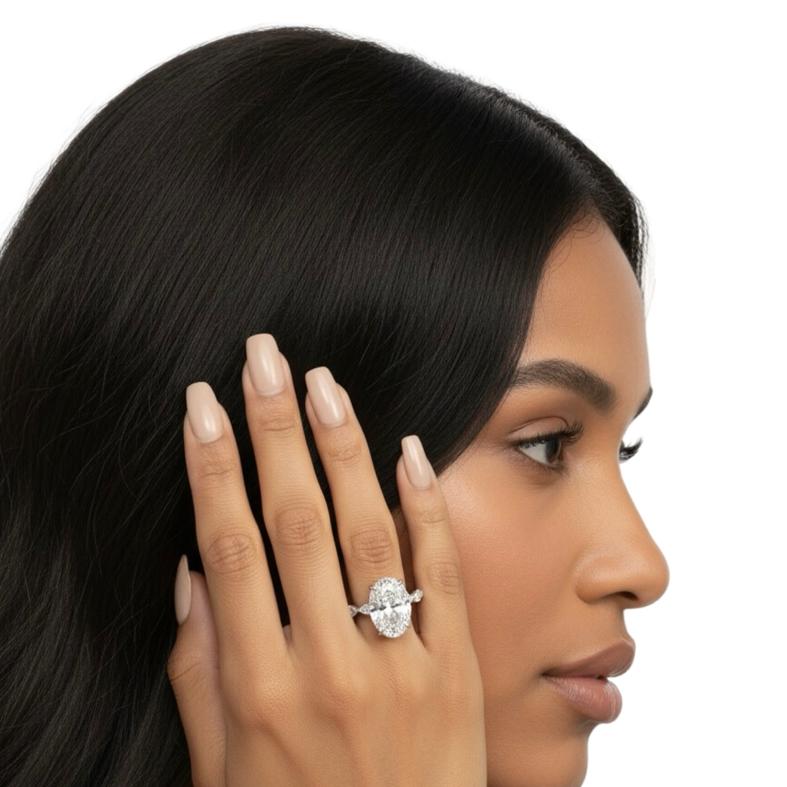 4.0ct Oval Cut Center Stone Ring with Clear Marquise Side Stones & Hidden Halo – Sterling Silver / 9K & 14K White Gold