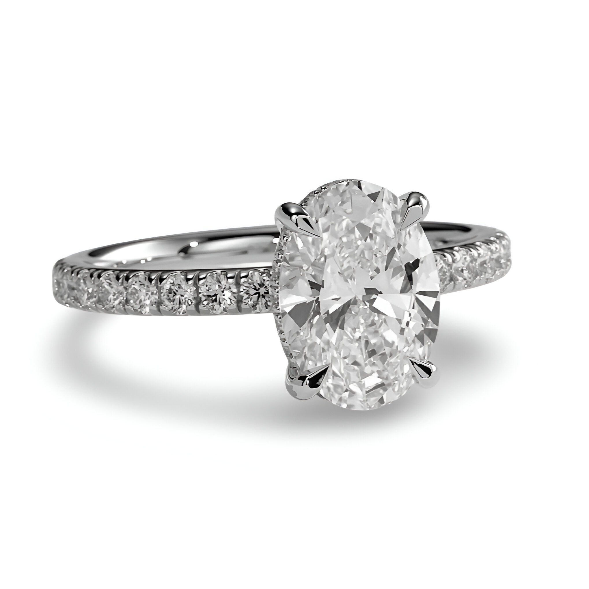 2.0CT Oval Cut Hidden Halo Pavé Engagement Ring - Sterling Silver & 9-14K White Gold