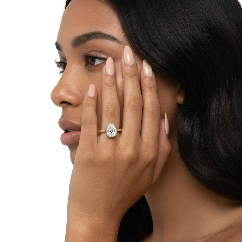 2.0ct Pear Cut Solitaire Ring with Hidden Halo – 5-Claw Setting | 9–18k Yellow Gold