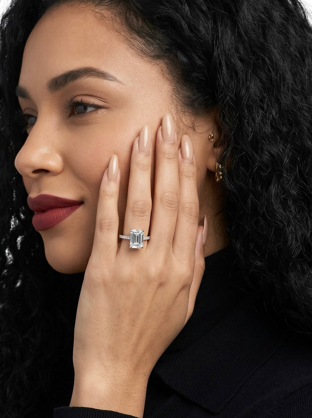 3CT Emerald Cut Hidden Halo Pavé Engagement Ring | Sterling Silver, 9K & 14K Solid White Gold