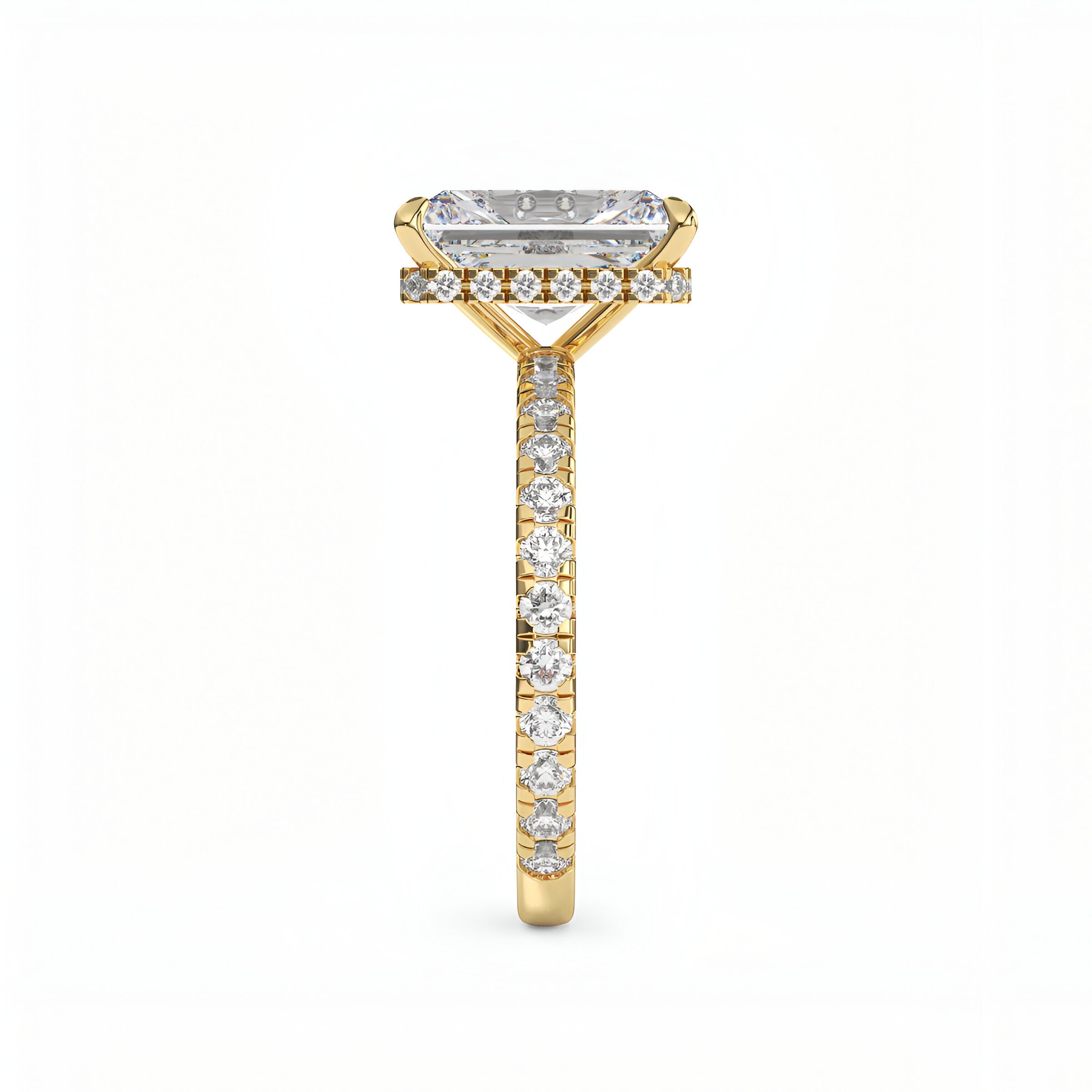 The MG Solara™️ 5.0ct Radiant Cut Pavé with Elevated Hidden Halo (9K+14K Yellow Gold)