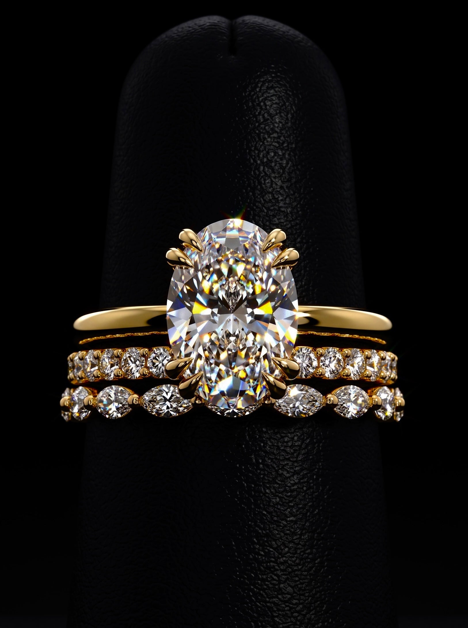 4.0CT Oval-Cut Moissanite · Double-Claw Hidden Halo Solitaire · Round Brilliant & Marquise Pavé Bands · Yellow Gold