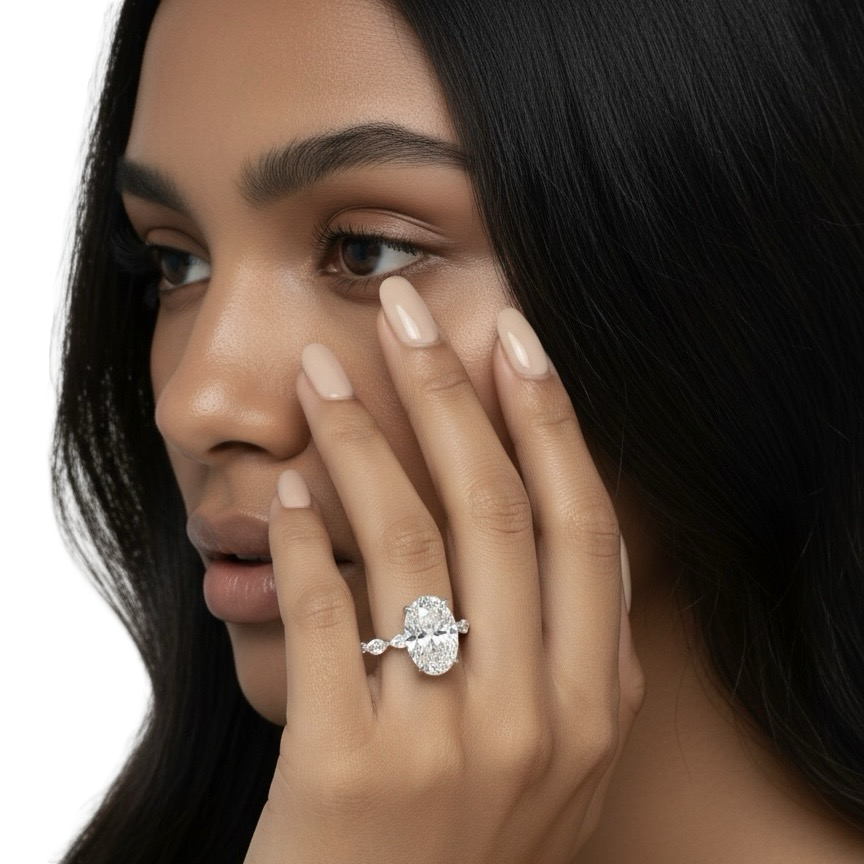 4.0ct Oval Cut Center Stone Ring with Clear Marquise Side Stones & Hidden Halo – Sterling Silver / 9K & 14K White Gold