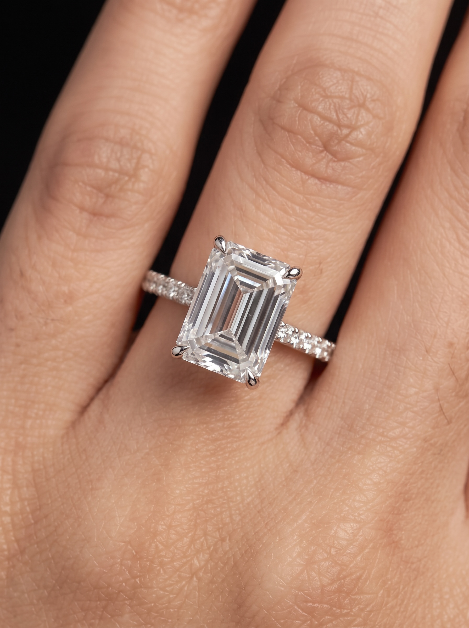 3CT Emerald Cut Hidden Halo Pavé Engagement Ring | Sterling Silver, 9K & 14K Solid White Gold