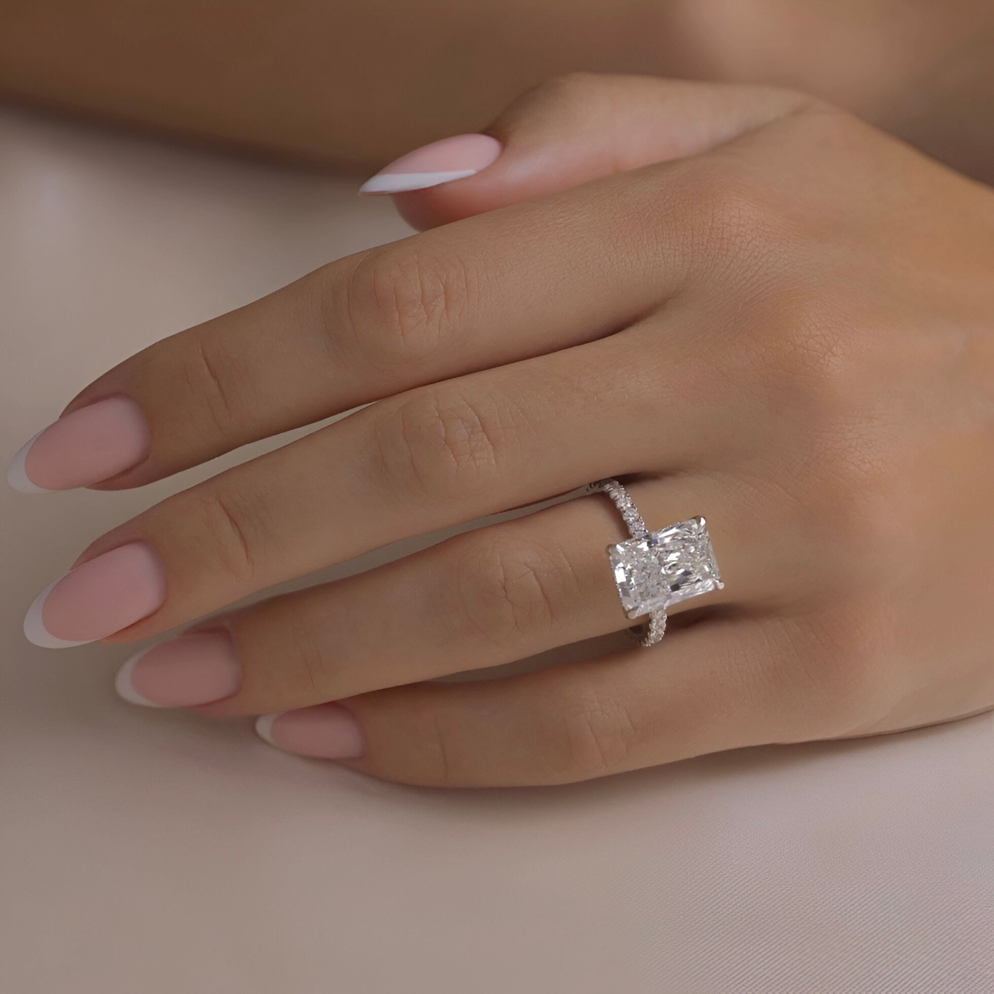 MG AURORA™ 5.0ct Radiant Cut Ring with Hidden Halo & Pavé – Sterling Silver / 9ct / 14ct White Gold