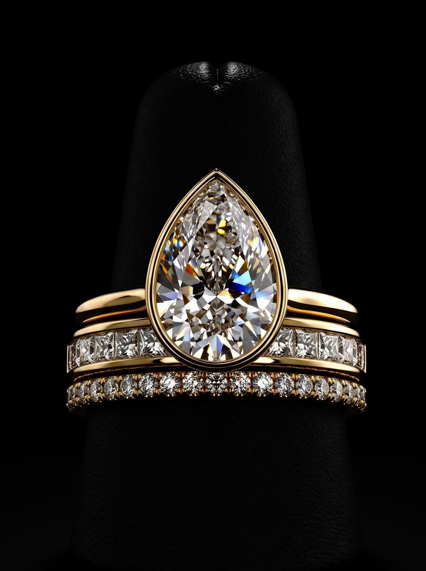 4.0CT Pear-Cut Moissanite · Hidden Halo Bezel Solitaire · Double Pavé Bridal Stack · Yellow Gold