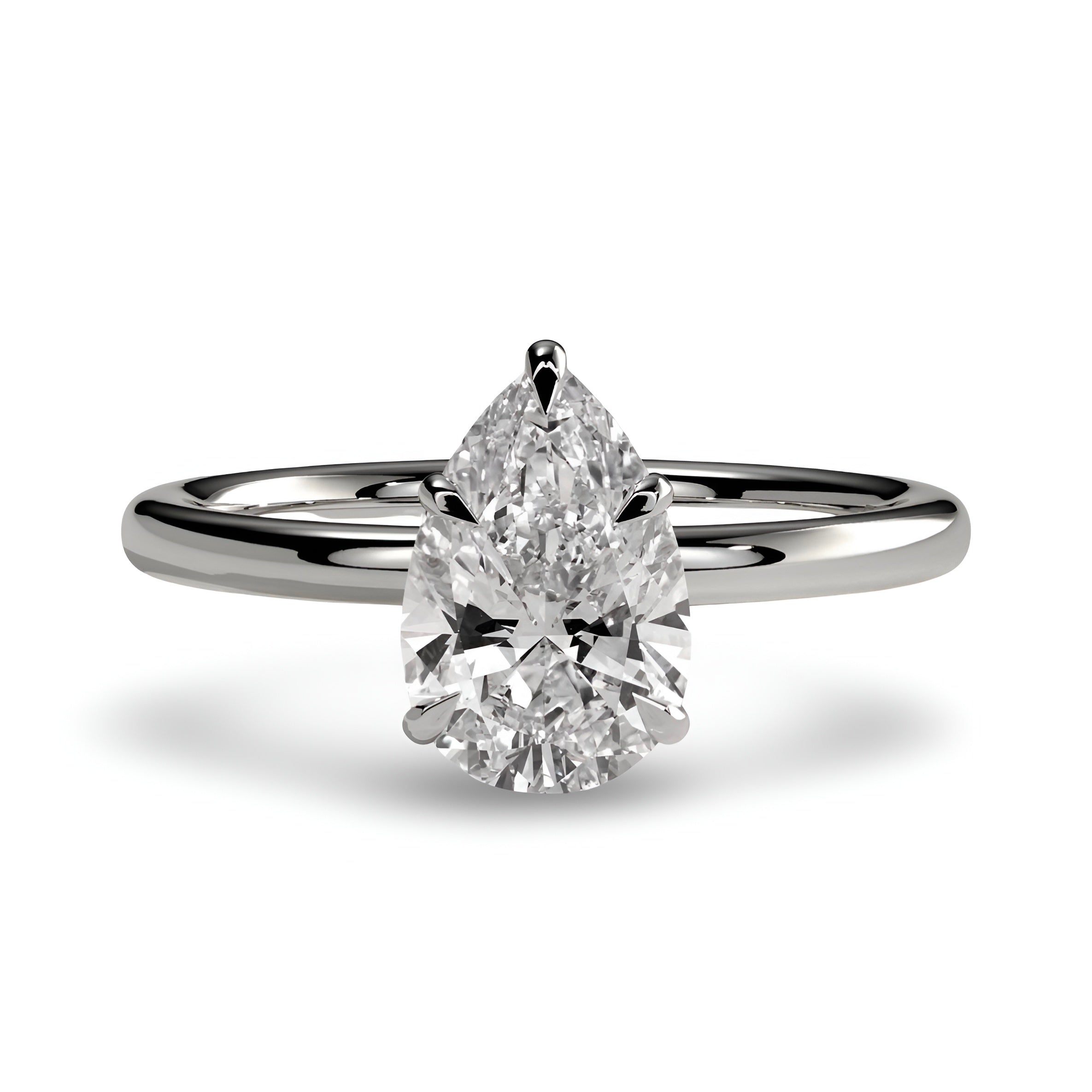 2.0ct Pear Cut Solitaire Ring with Hidden Halo – 5-Claw Setting | Sterling Silver & 9–14k White Gold