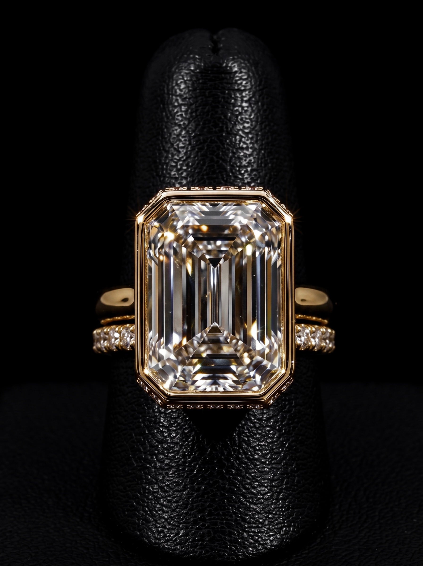 10.0CT Emerald-Cut Moissanite · Bezel Setting · Hidden Halo · Solid Gold