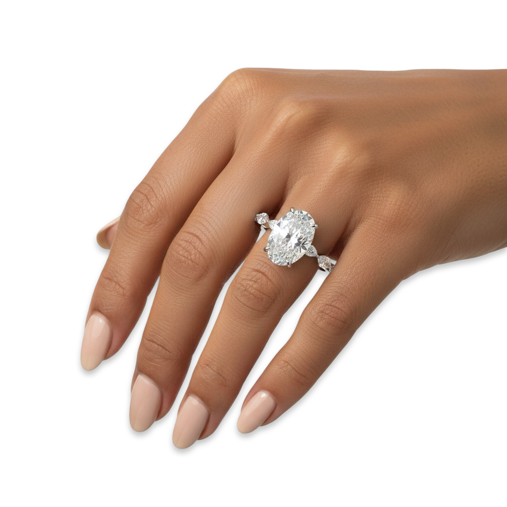 4.0ct Oval Cut Center Stone Ring with Clear Marquise Side Stones & Hidden Halo – Sterling Silver / 9K & 14K White Gold