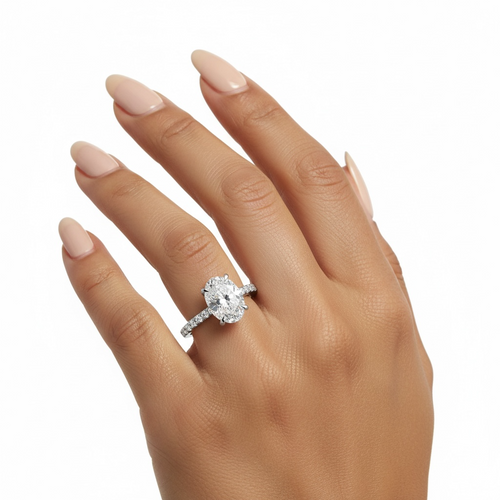 2.0CT Oval Cut Hidden Halo Pavé Engagement Ring - Sterling Silver & 9-14K White Gold MG ESSENCE