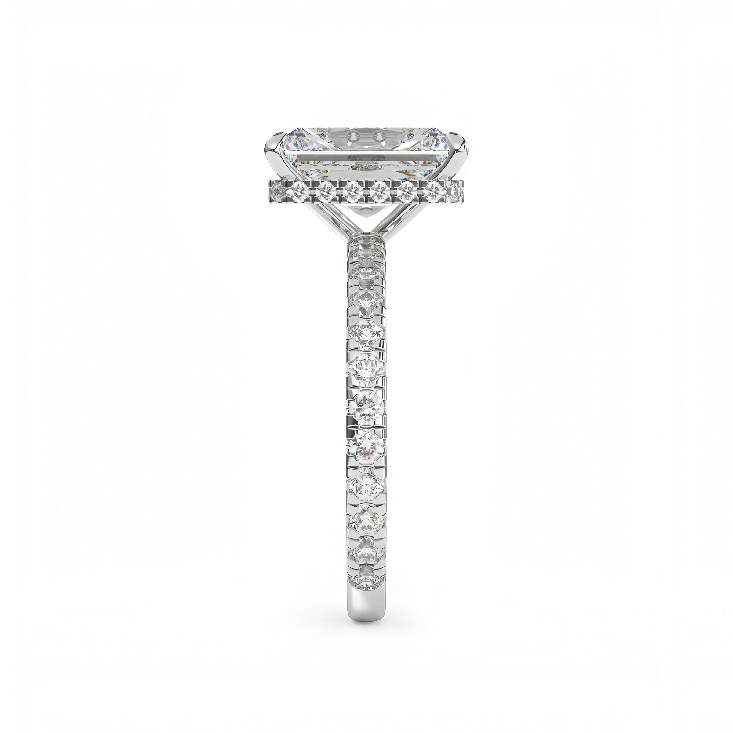 The MG Solara™️ 5.0ct Radiant Cut Pavé with Elevated Hidden Halo (Sterling Silver & 9K+14K White Gold)