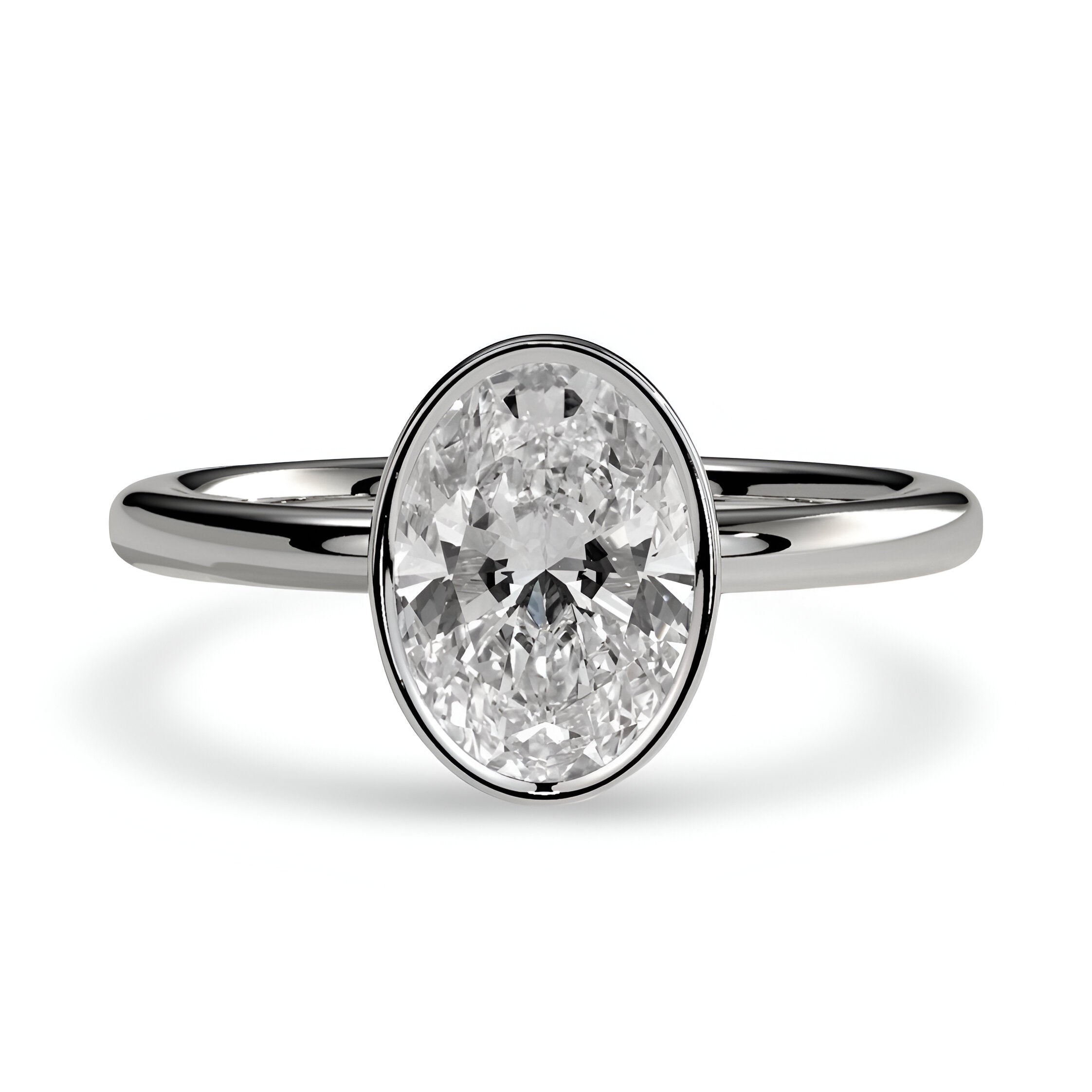 2.0 Ct Oval Cut Ring – Bezel Setting with Petal Gallery | Sterling Silver to White Gold