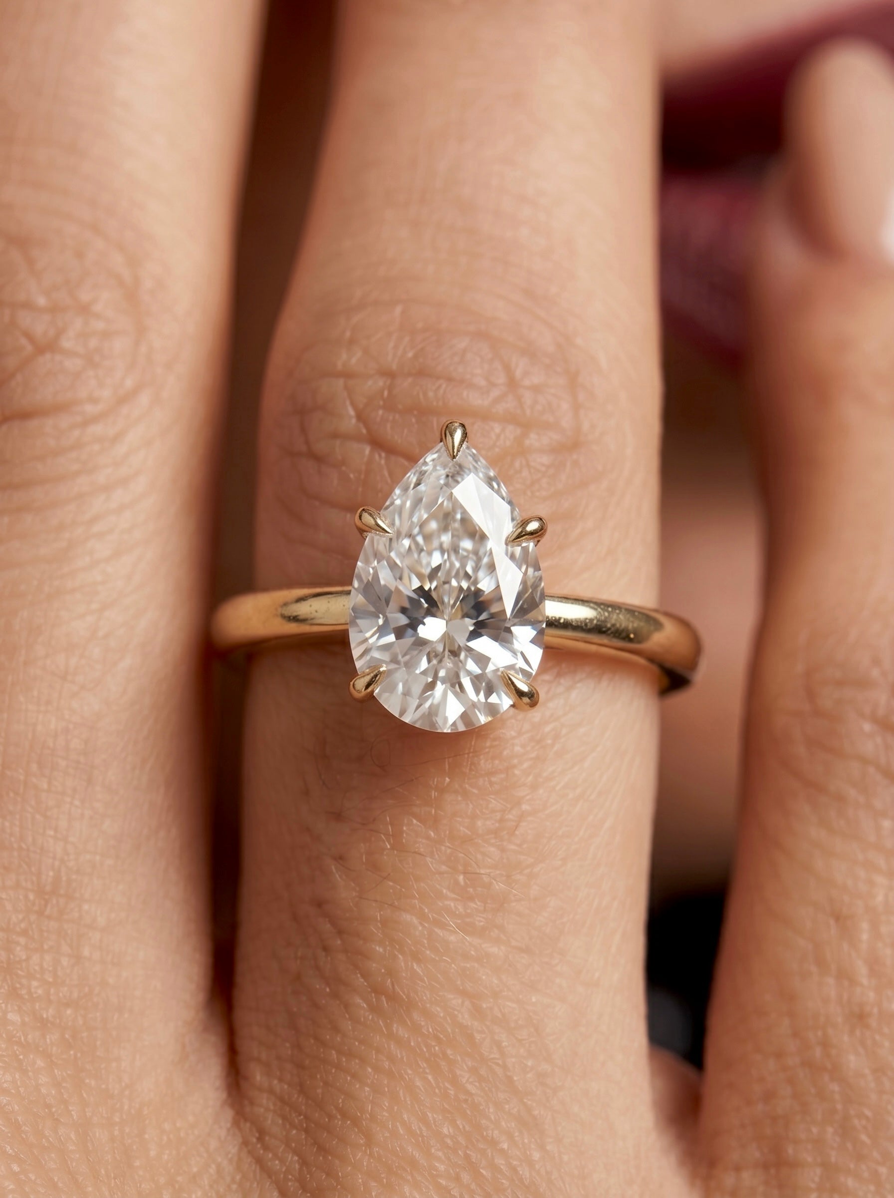 2.0ct Pear Cut Solitaire Ring with Hidden Halo – 5-Claw Setting | 9–18k Yellow Gold