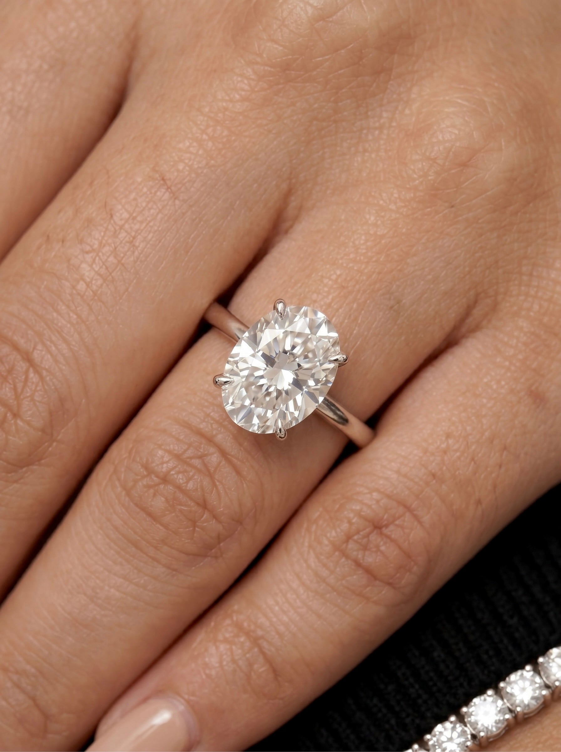 MG SOLARA™ 5.0ct Oval Cut Solitaire with Hidden Halo — Sterling Silver & White Gold