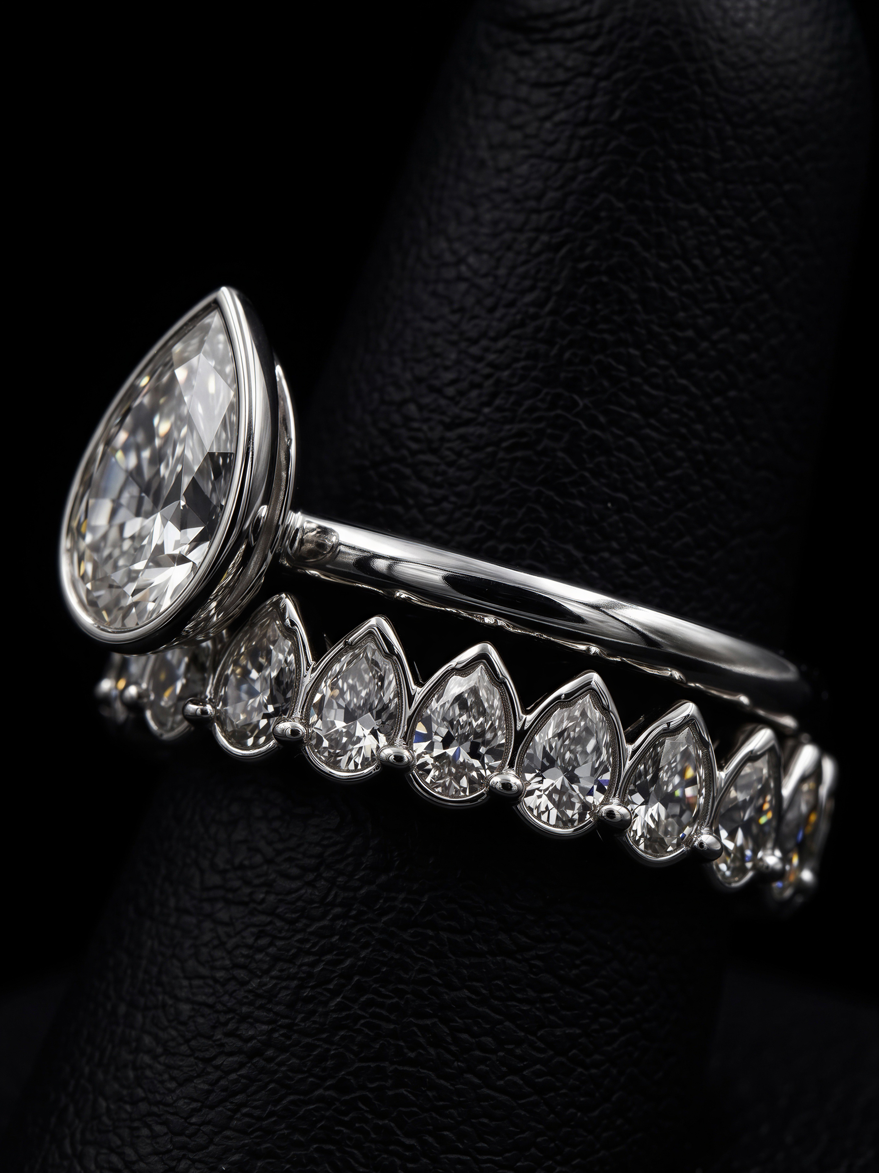 3.0CT Pear-Cut Moissanite · Bezel Solitaire · Full Bezel Eternity Band · Yellow Gold