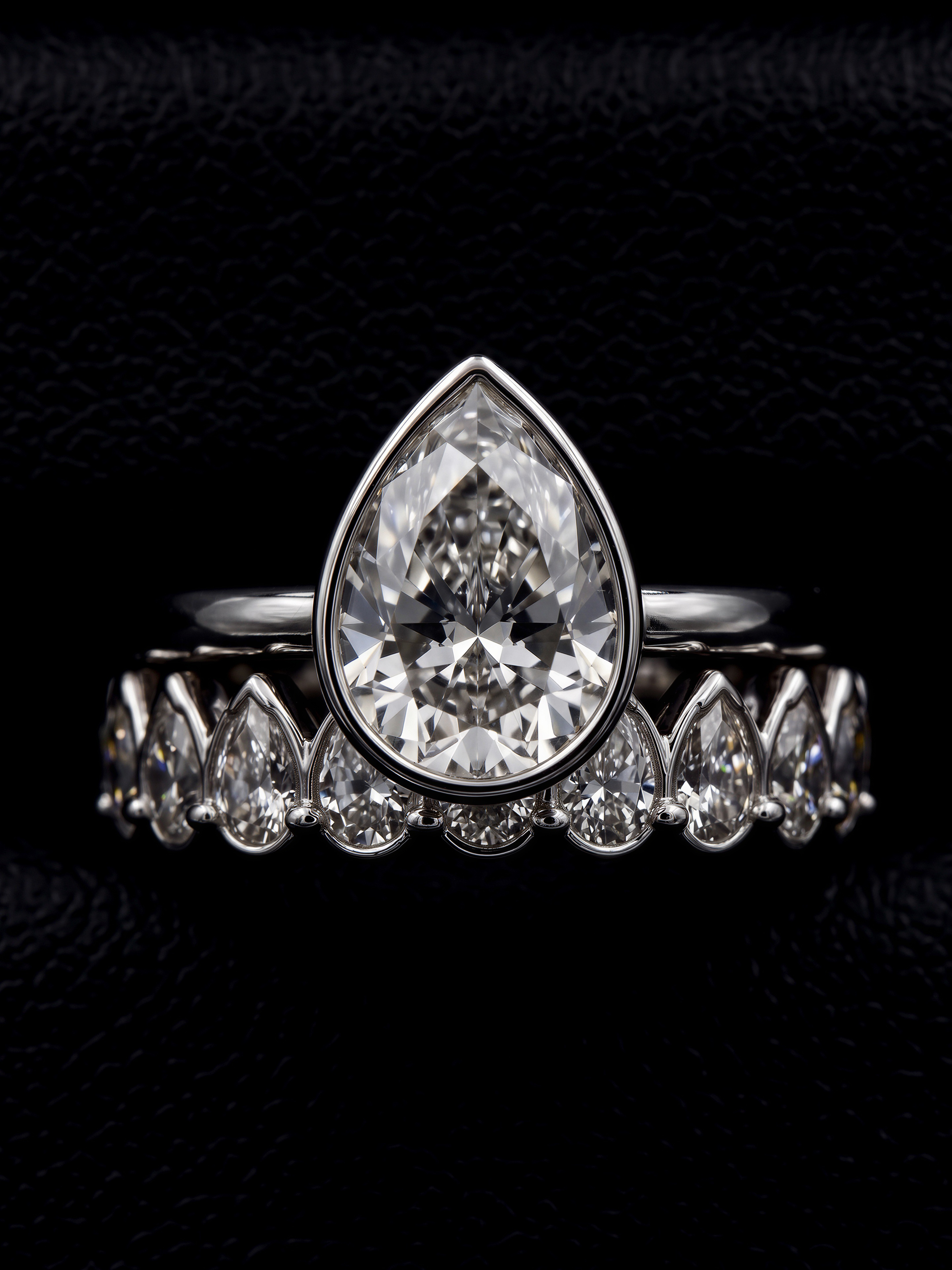 3.0CT Pear-Cut Moissanite · Bezel Solitaire · Full Bezel Eternity Band · Yellow Gold