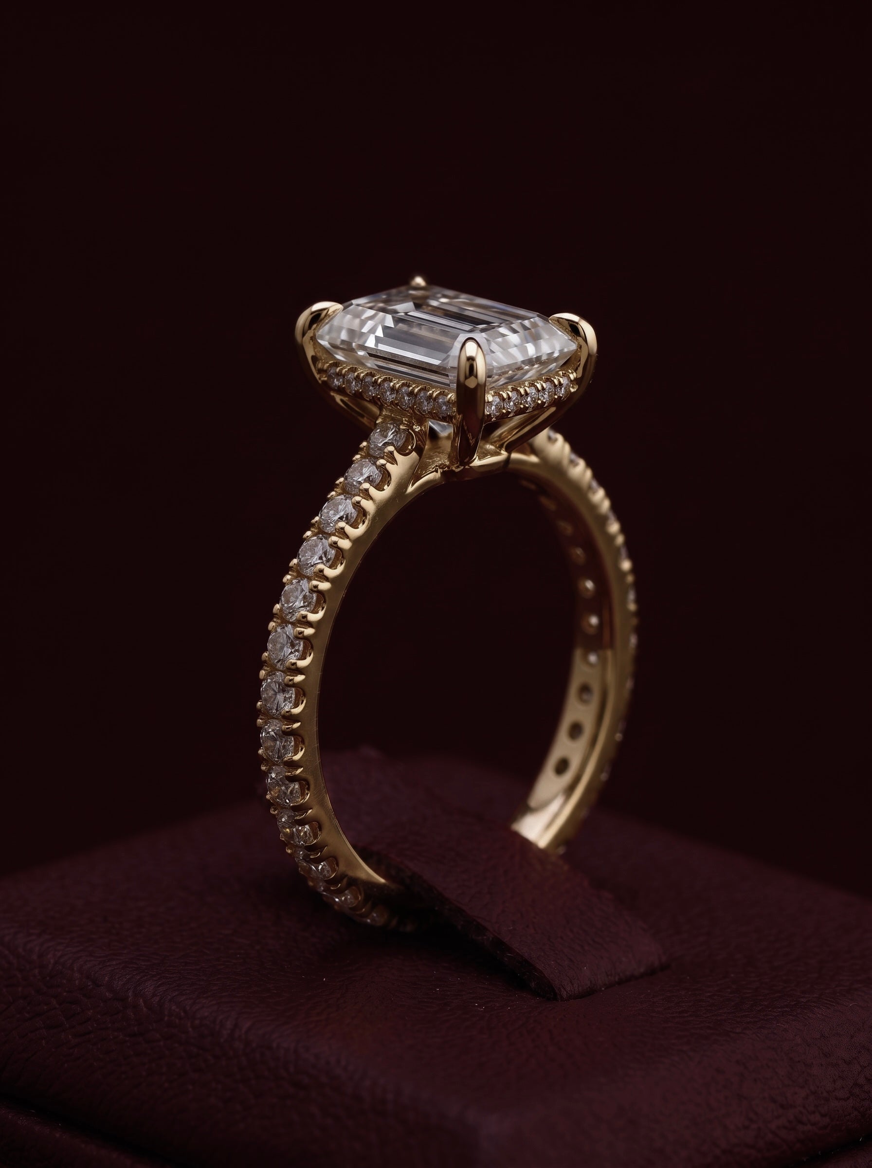 3CT Emerald Cut Hidden Halo Pavé Engagement Ring | 9K–18K Solid Yellow Gold