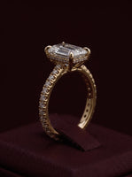 3CT Emerald Cut Hidden Halo Pavé Engagement Ring | 9K–18K Solid Yellow Gold