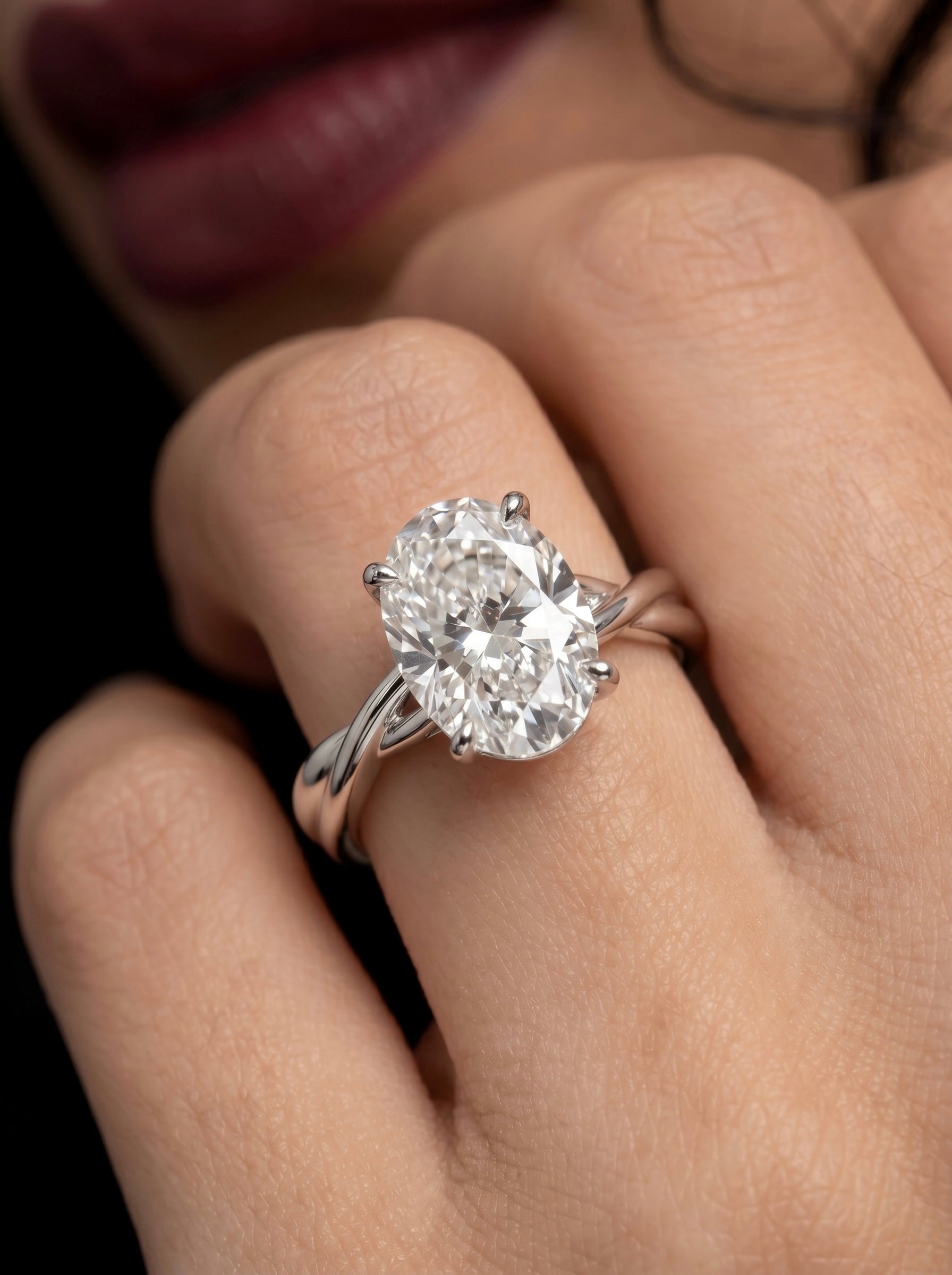 3.0ct Oval Cut Hidden Halo Twisted Shank Solitaire - Sterling Silver & 9-14K White Gold