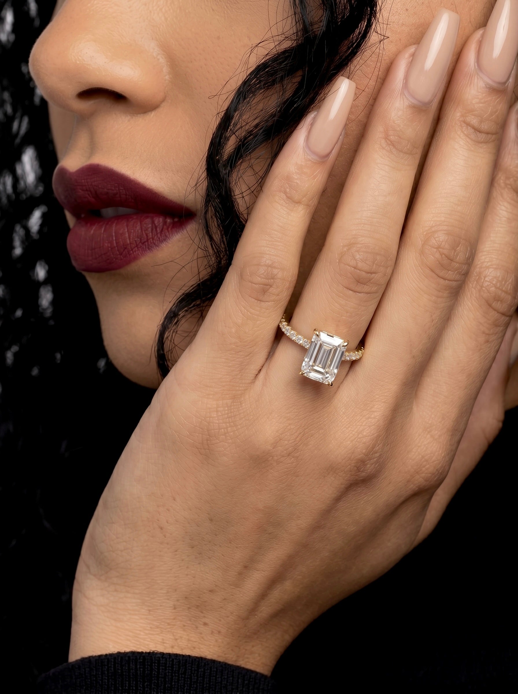 3CT Emerald Cut Hidden Halo Pavé Engagement Ring | 9K–18K Solid Yellow Gold