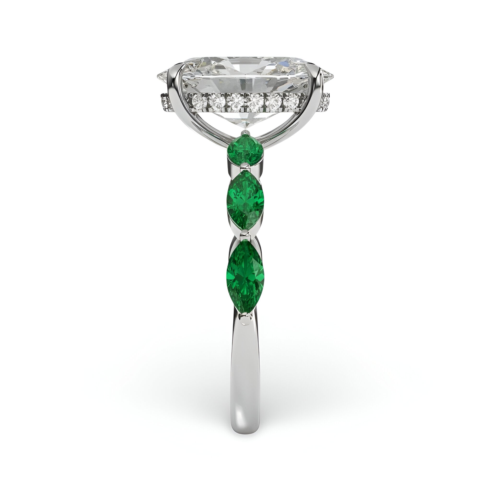 4.0ct Oval Cut Center Stone Ring with Green Marquise Side Stones & Hidden Halo – Sterling Silver / 9K & 14K White Gold