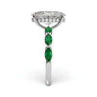 4.0ct Oval Cut Center Stone Ring with Green Marquise Side Stones & Hidden Halo – Sterling Silver / 9K & 14K White Gold