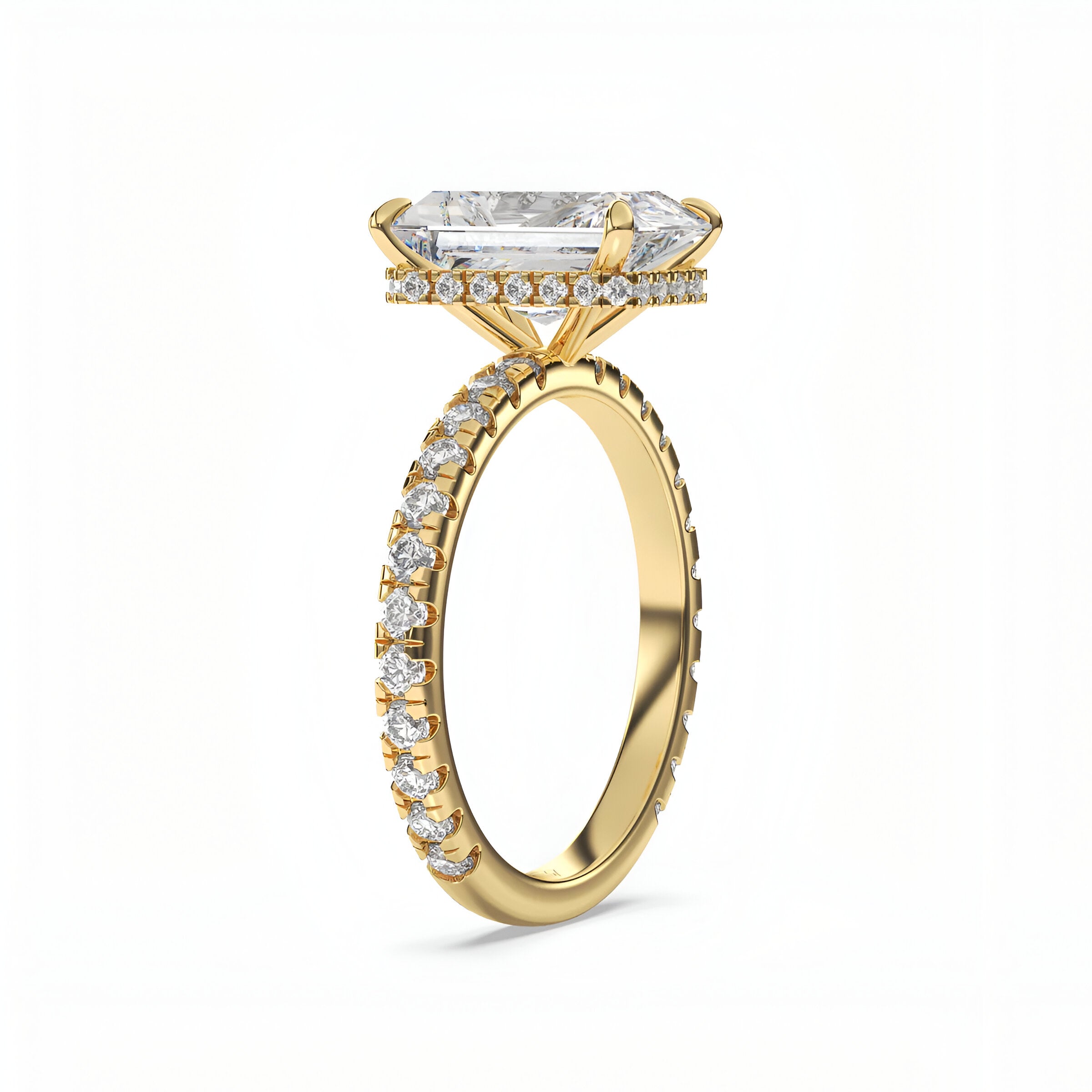 The MG Solara™️ 5.0ct Radiant Cut Pavé with Elevated Hidden Halo (9K+14K Yellow Gold)