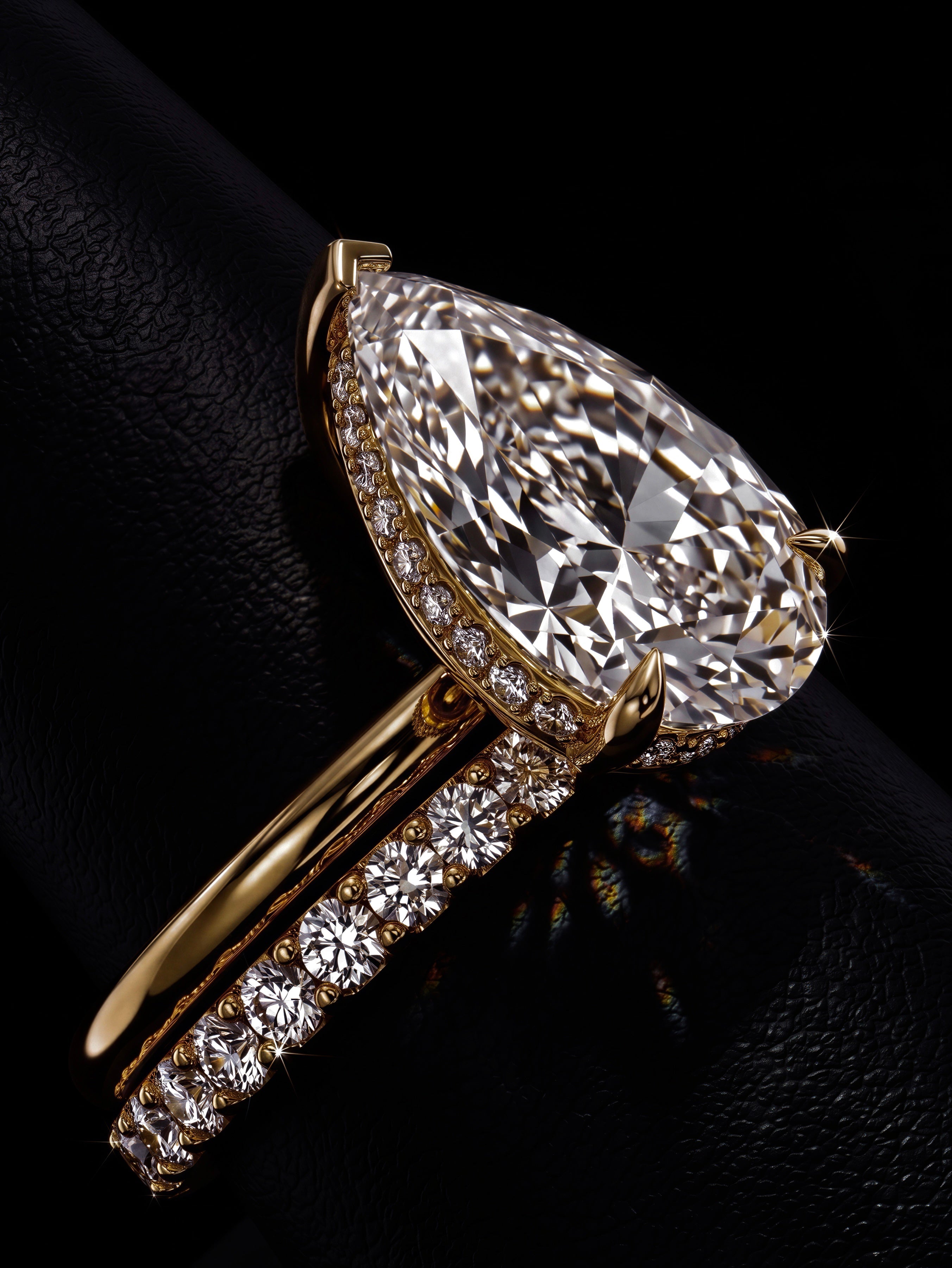 5.0CT Pear-Cut Moissanite · Hidden Halo Solitaire · Perfectly Matched Pavé Band · Yellow Gold