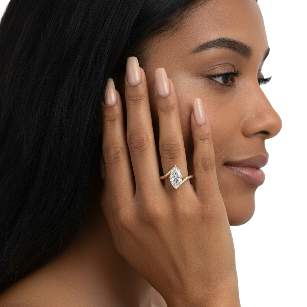 Marquise Cut Bypass Solitaire Ring - 9-18K Yellow Gold