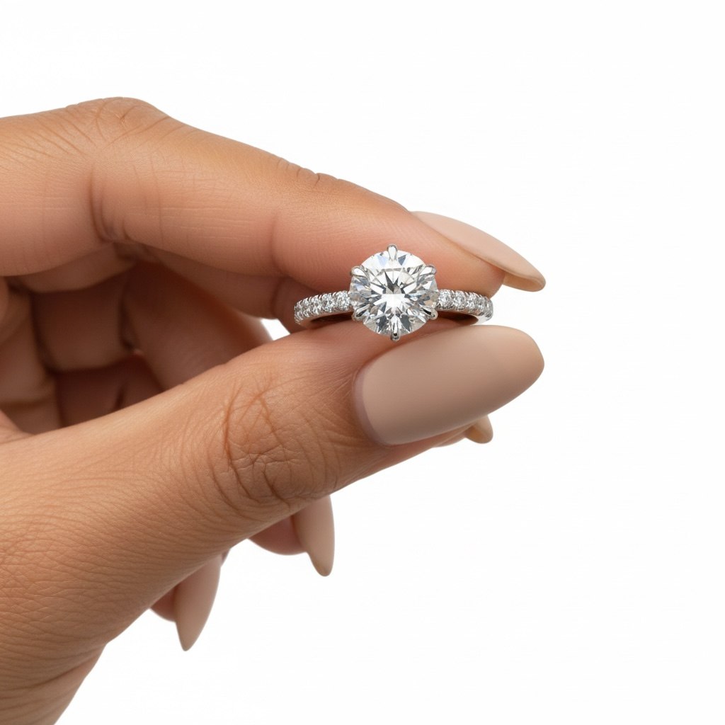 2.0 Ct Round Brilliant Moissanite Ring – 5 Eagle Claw Prongs with Hidden Halo & Pavé Band | Sterling Silver & 9–14K White Gold